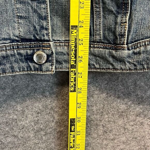 AMERICAN EAGLE Denim Jean Jacket Women's Large Blue Patches Boyfriend Trucker - Picture 10 of 16